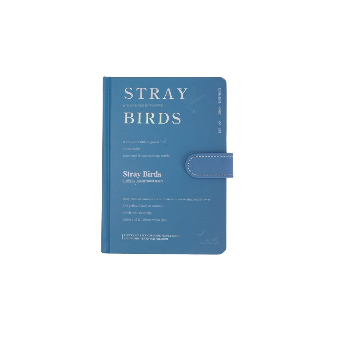 Blue pastel notebook with magnetic buckle strap; cover text reads STRAY BIRDS