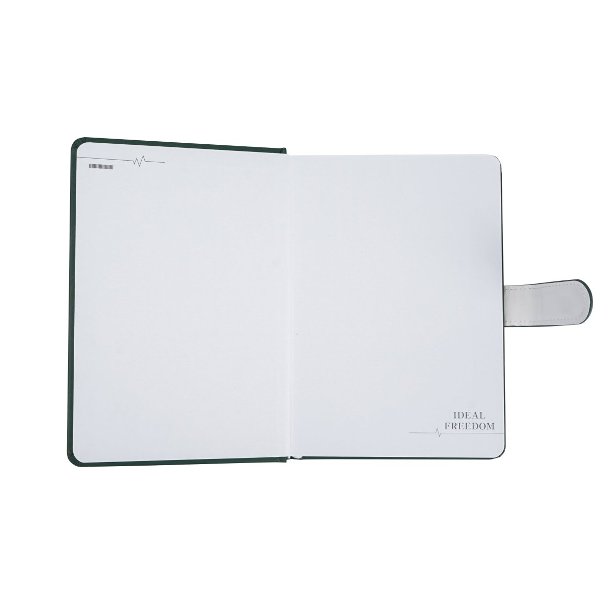 Open pastel notebook with white pages and gray magnetic strap, dark green cover edges