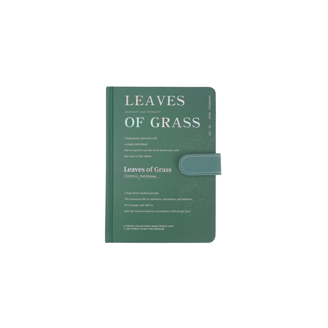 Green pastel notebook with magnetic buckle strap; cover text reads LEAVES OF GRASS