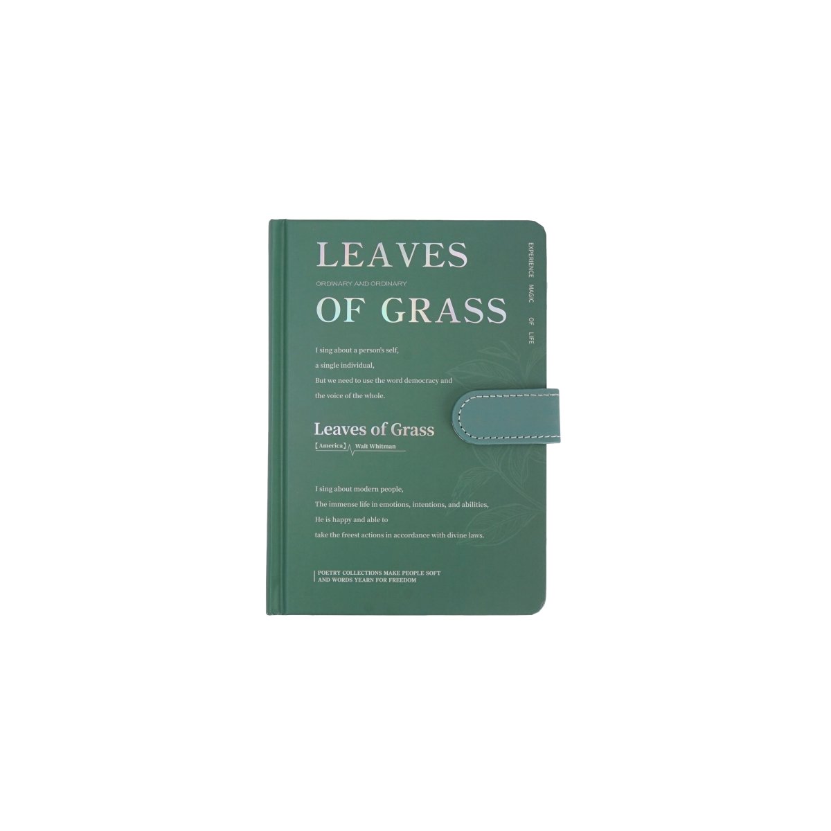 Green pastel notebook with magnetic buckle strap; cover text reads LEAVES OF GRASS