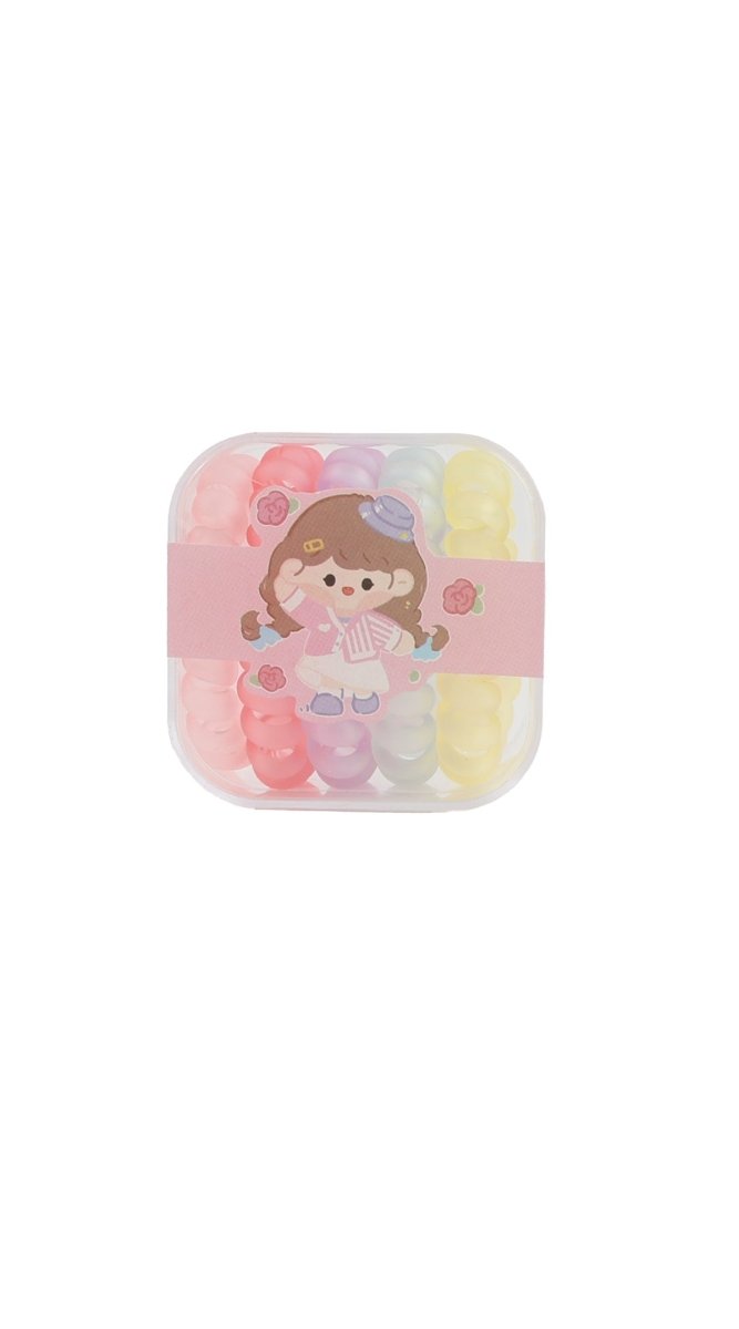 Pastel spiral hair tie set in clear case with cute child illustration