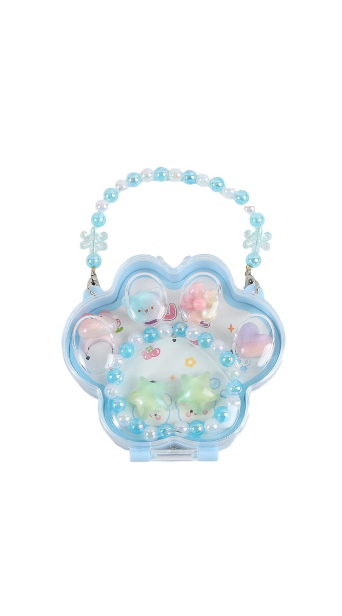 Kids paw print jewelry set in blue with pearl-like beads and charm dangles