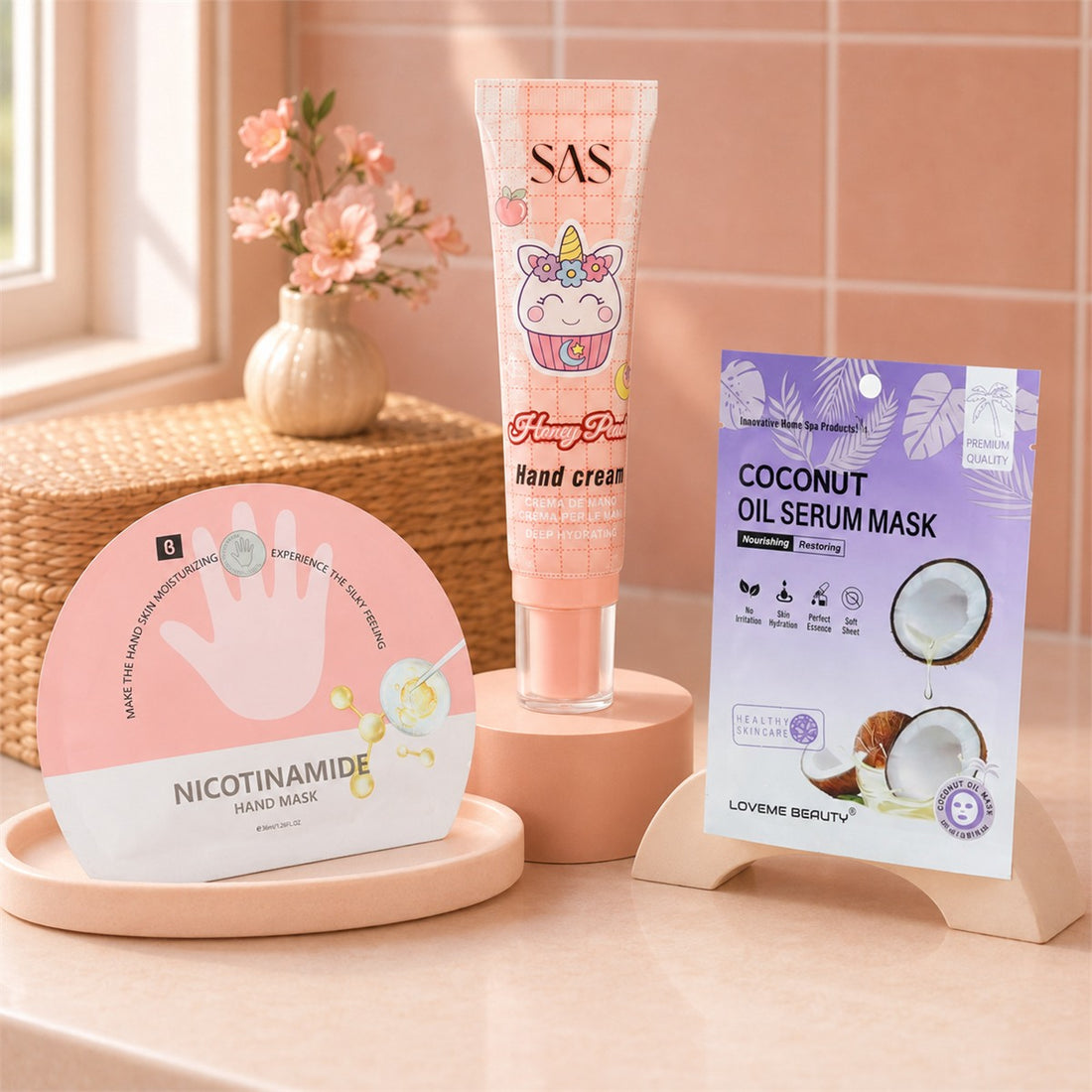Hand care set: pink hand cream tube, coconut oil serum mask sachet, hand mask pad