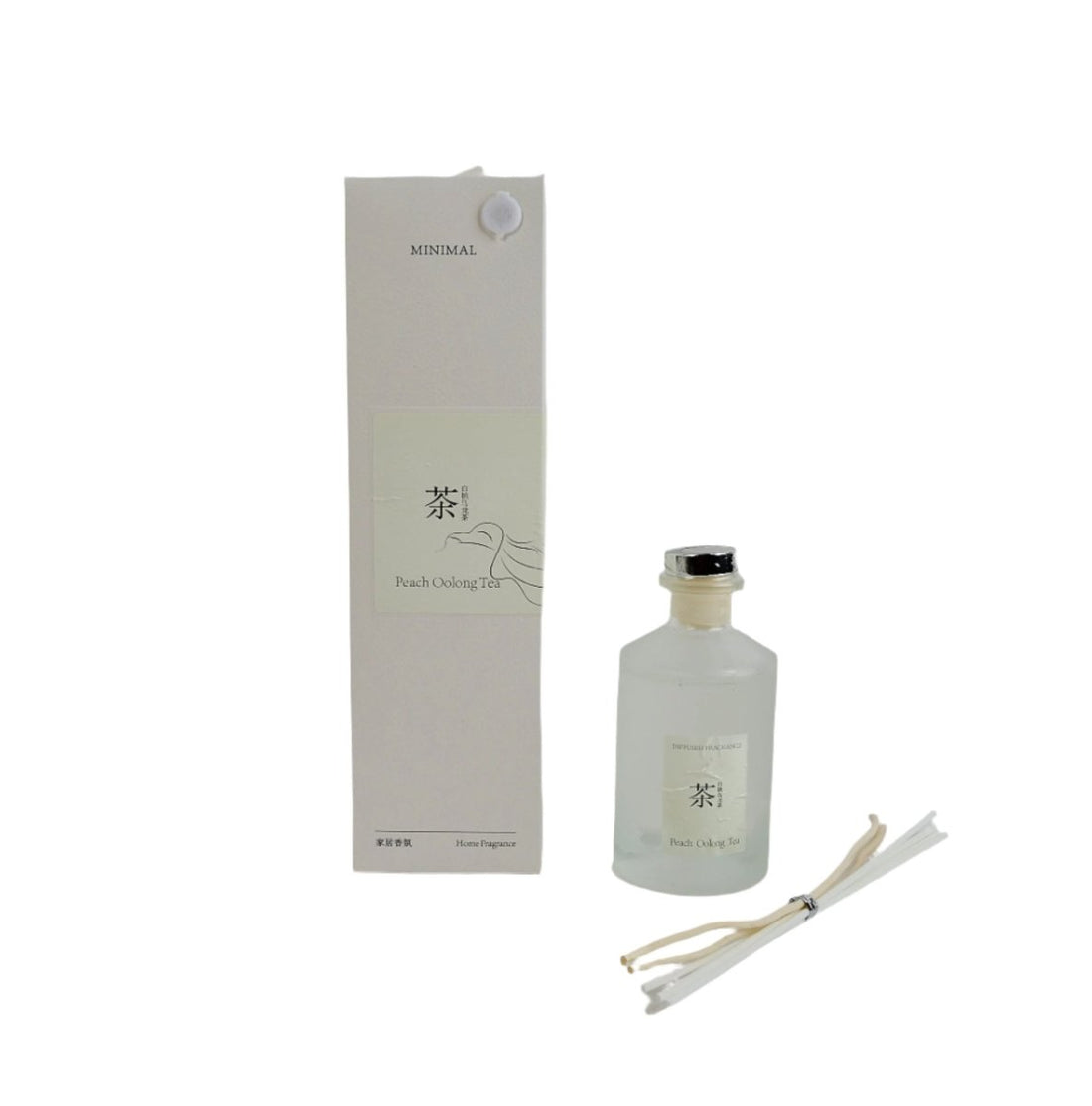 Reed diffuser set with box, Peach Oolong Tea bottle, and wooden reeds
