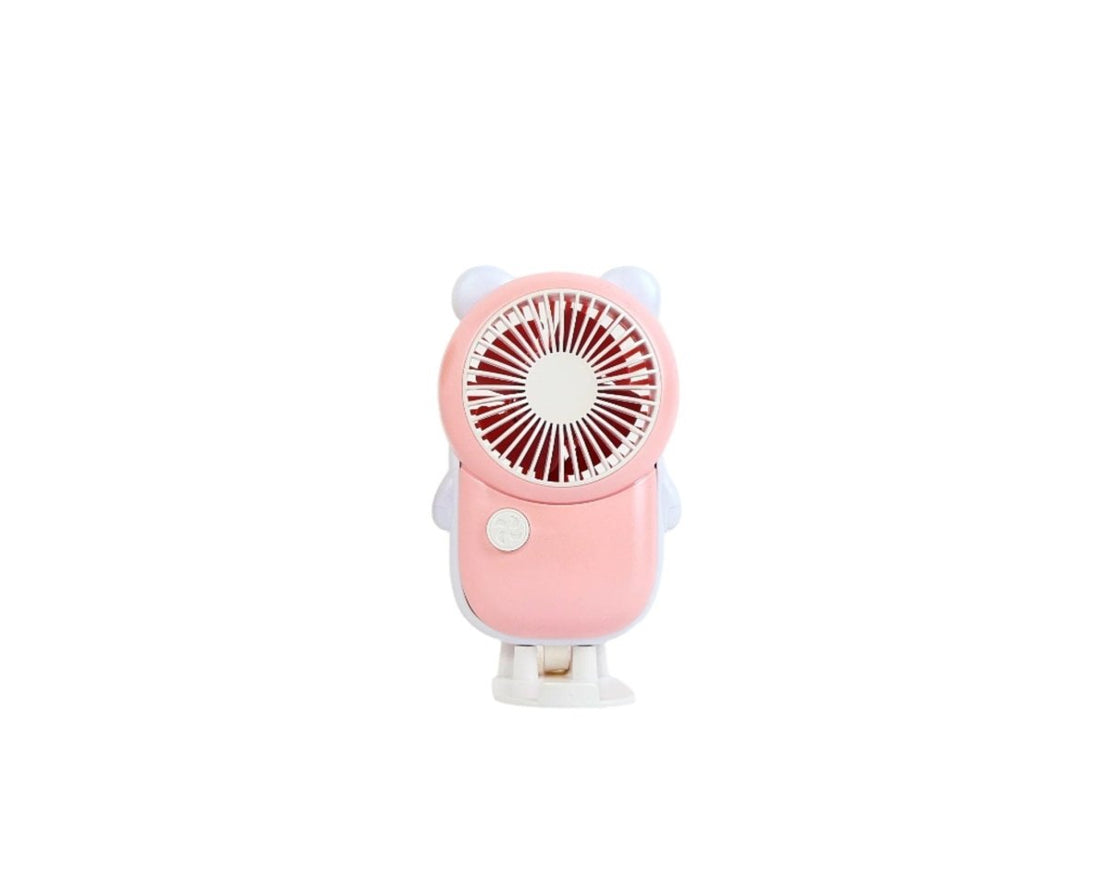Pink bear desktop fan with round grille and two side ears