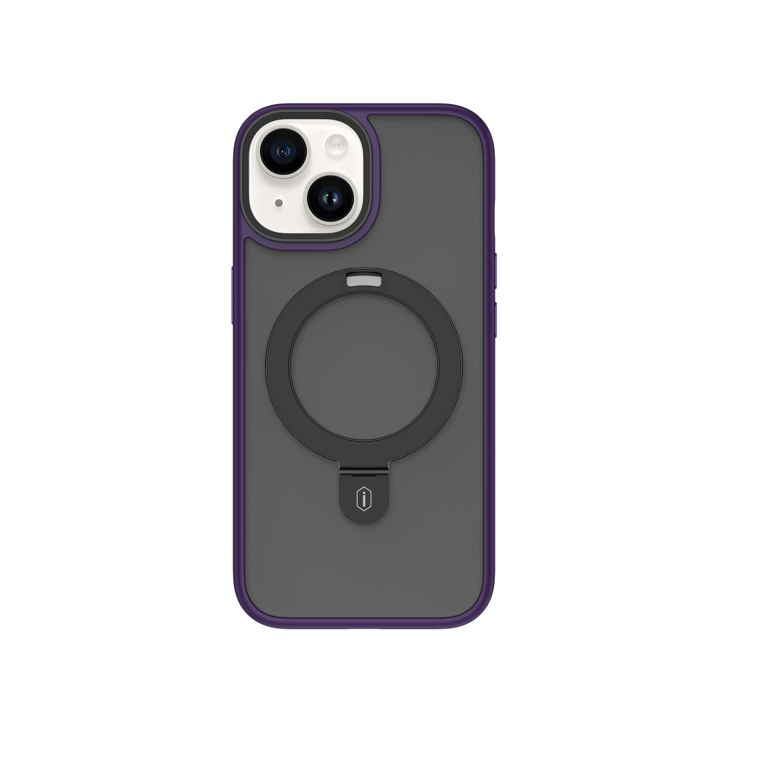 Phone case with ring grip, front view with gray circle and purple border