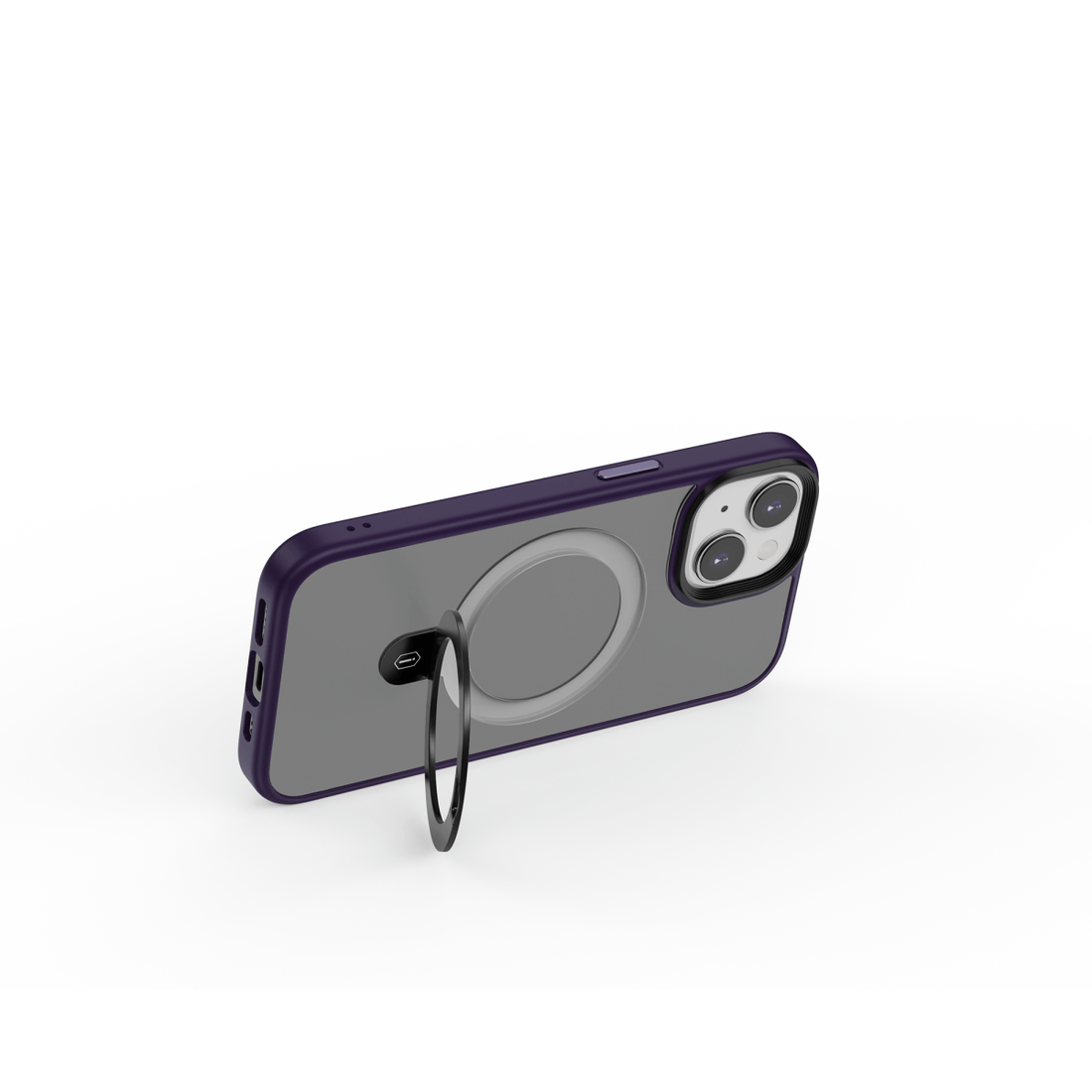 Phone case with ring grip, dark purple frame and gray circular stand