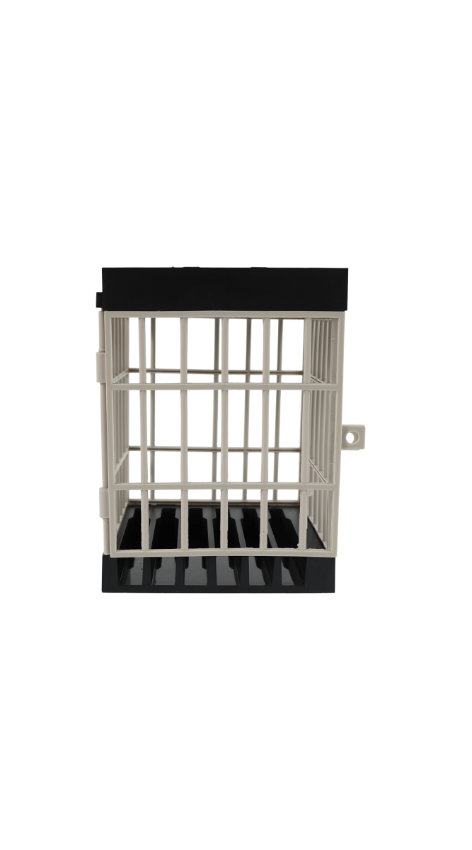 Phone jail organizer with black top and white grid holding phone slots