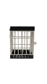 Phone jail organizer with black top and white grid holding phone slots