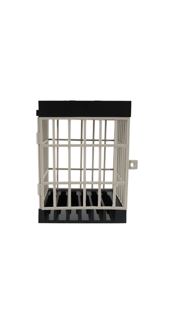 Phone jail organizer with black top and white grid holding phone slots
