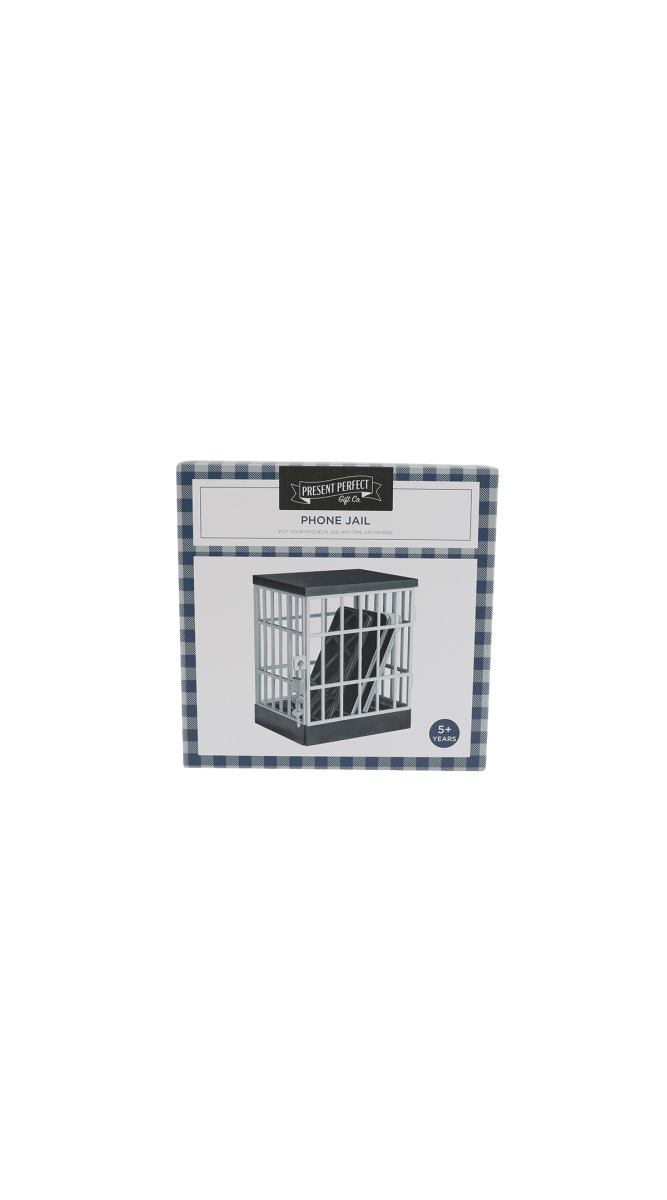 Phone jail organizer retail box with jail-style holder illustration