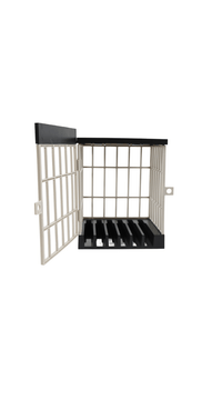 Phone jail organizer with white wire grid and black base for phone slots