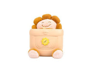 Plush doll backpack with embroidered sun charm on front pocket, cream and orange