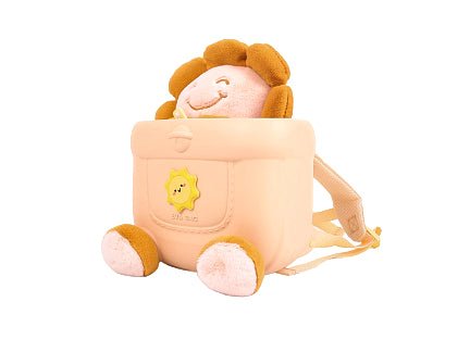 Plush doll backpack side view with starched front pocket and adjustable shoulder strap