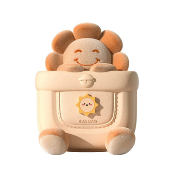 Plush doll backpack with sunflower face top and front pocket, cream and orange