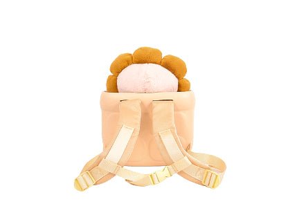 Plush doll backpack back view with two adjustable shoulder straps and sunflower head