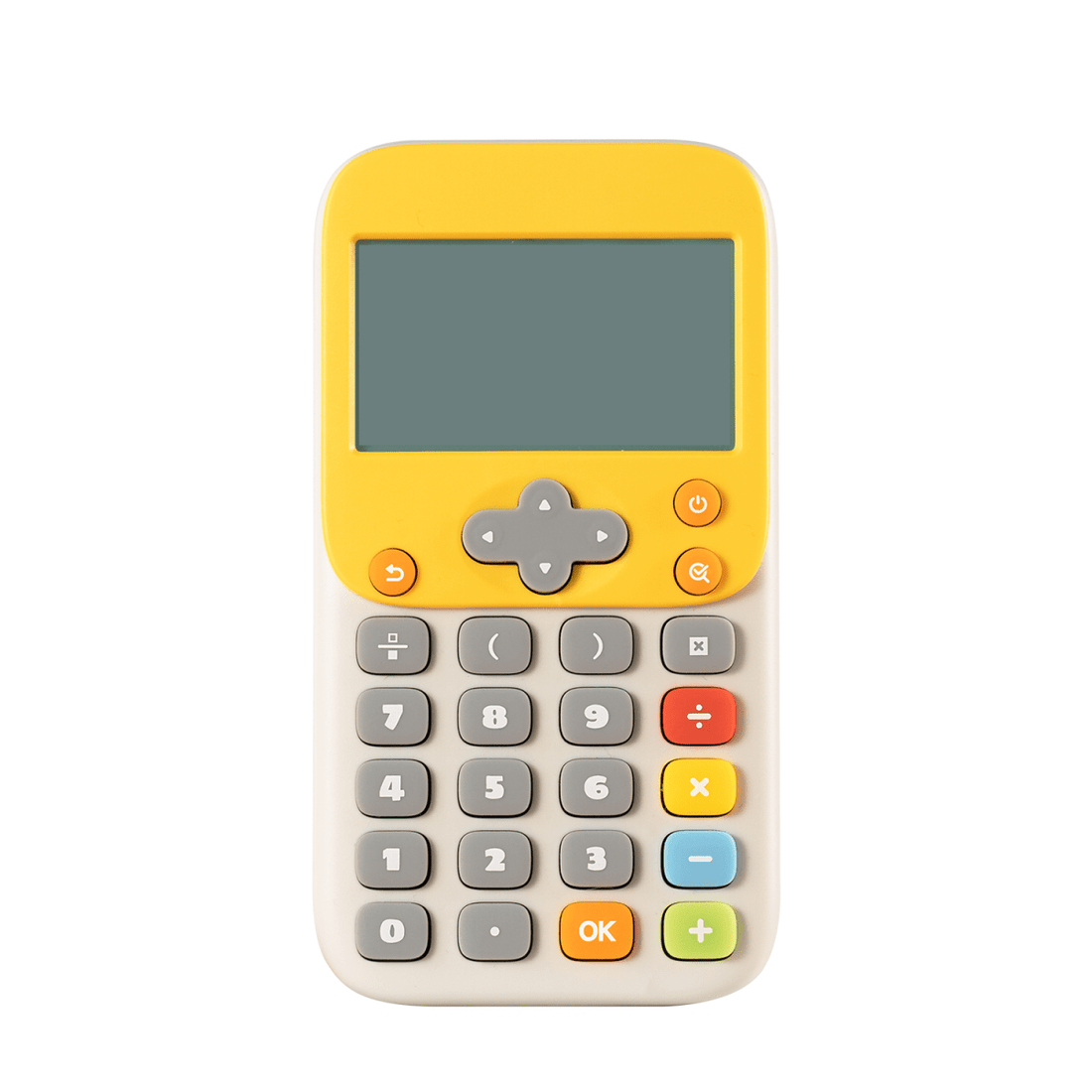 Yellow and white math exercise pad with dark LCD screen and number keypad