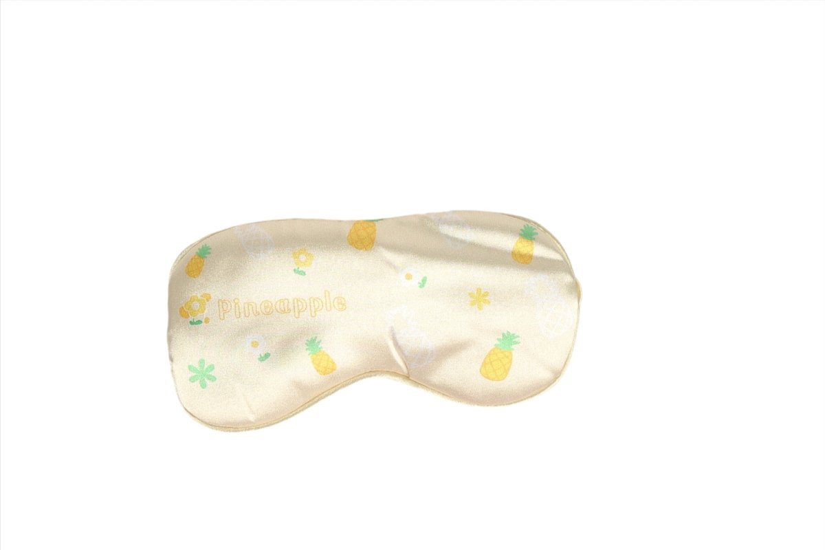 Silk sleep eye mask, cream with pineapple pattern and small green leaf accents