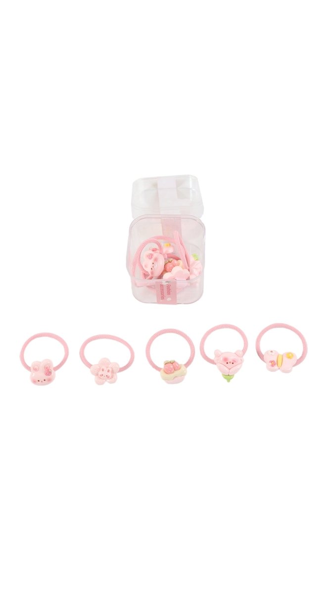 Set of pink kids elastic hair ties with cute character and bow designs, 5-pack.