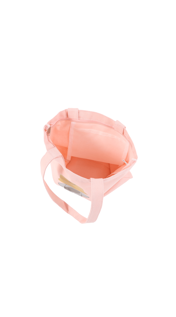 Pink tote bag with open top and inner pocket, handles visible