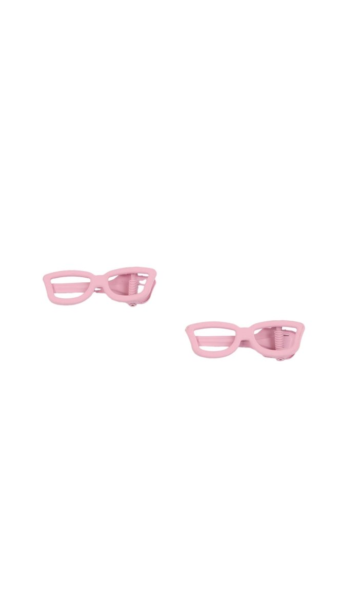 Pink eyeglass hair clip, two angles showing rounded arms and hinged clasp