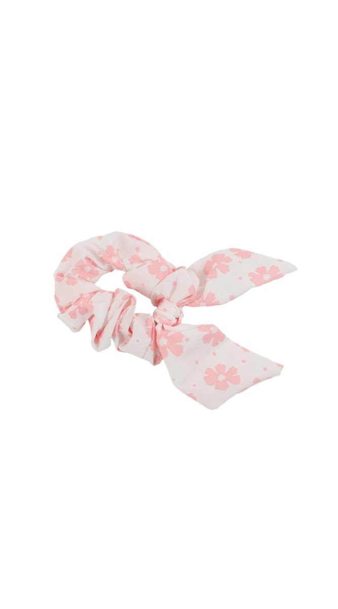 Pink floral scrunchie hair tie with tied bow loops