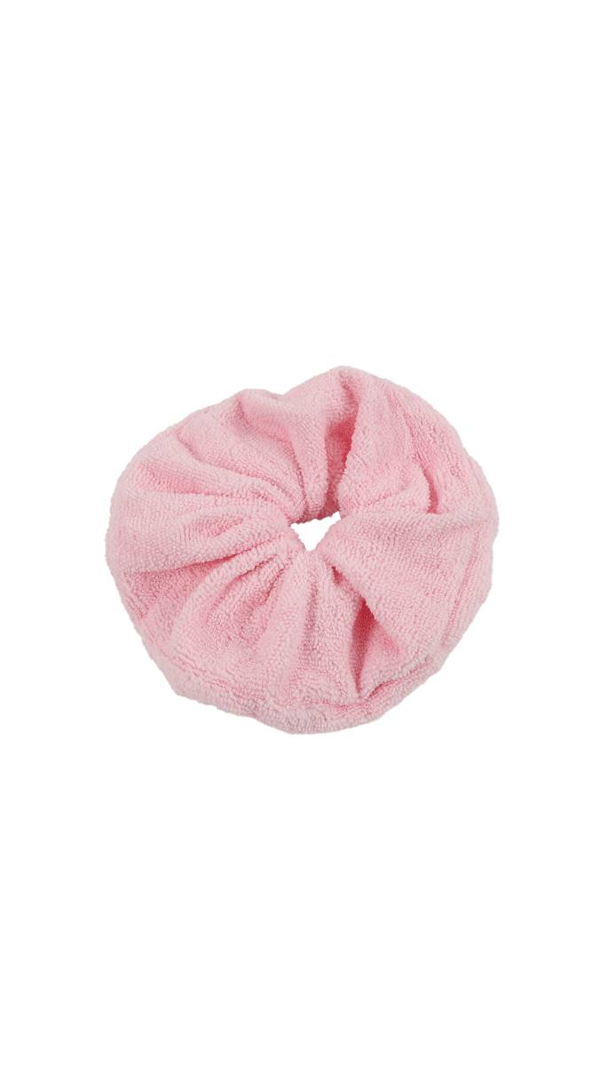 Soft pink towel-fabric hair scrunchie with gathered center