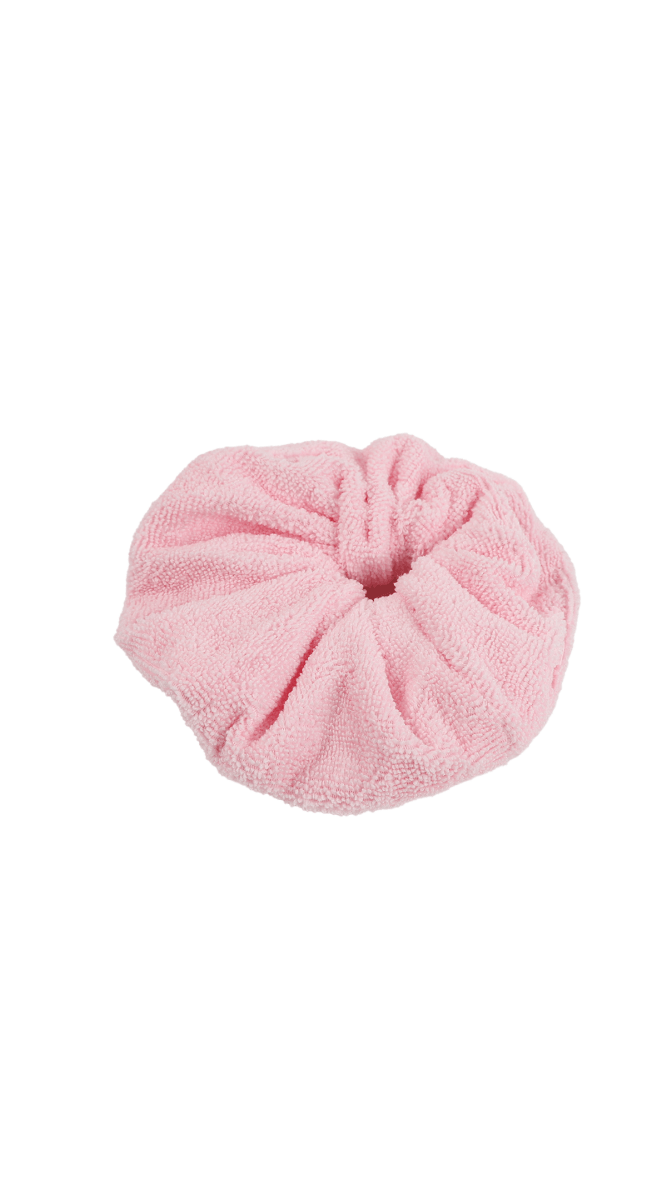 Soft pink terry towel hair scrunchie, ruched gathered loop shape