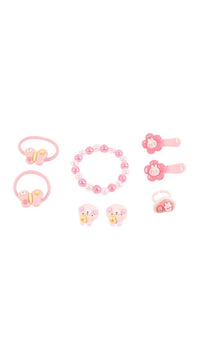 Pink girls' jewelry set: beaded bracelet, flower hair clips, stud earrings, ring