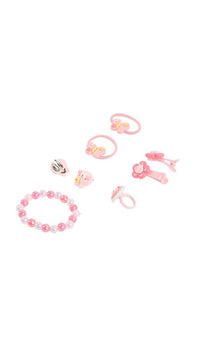 Pink girls' jewelry set with beaded bracelet, earrings, rings, charm hair accessories
