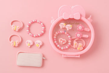Pink girls' jewelry set with heart case, pearl bracelet, earrings, hair clips