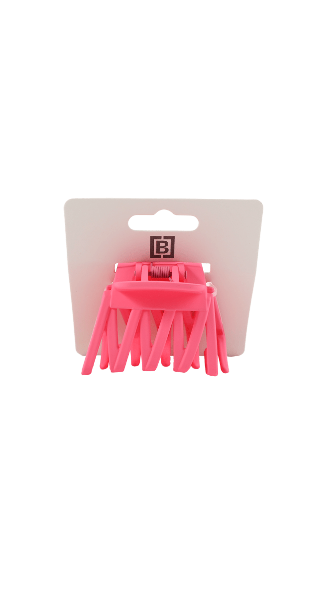 Pink plastic hair clip with ridged teeth, open claw style