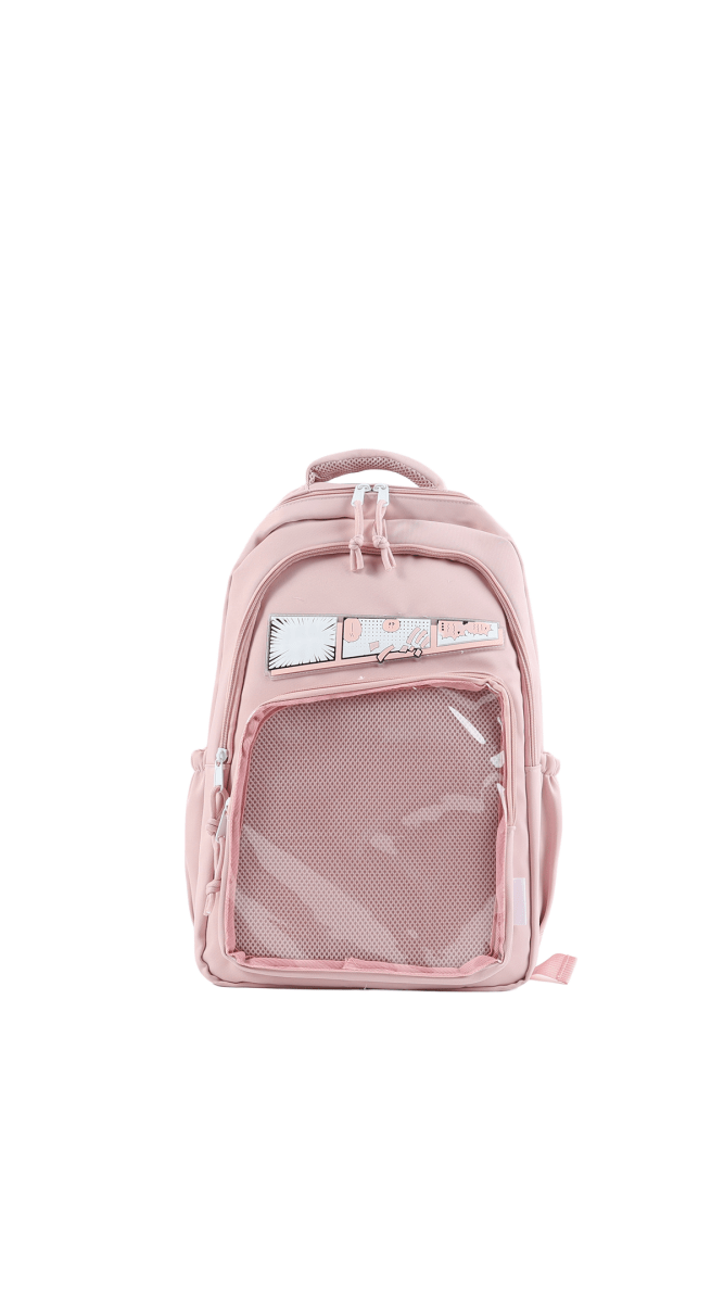 Pink kids backpack with clear mesh front pocket and top handle