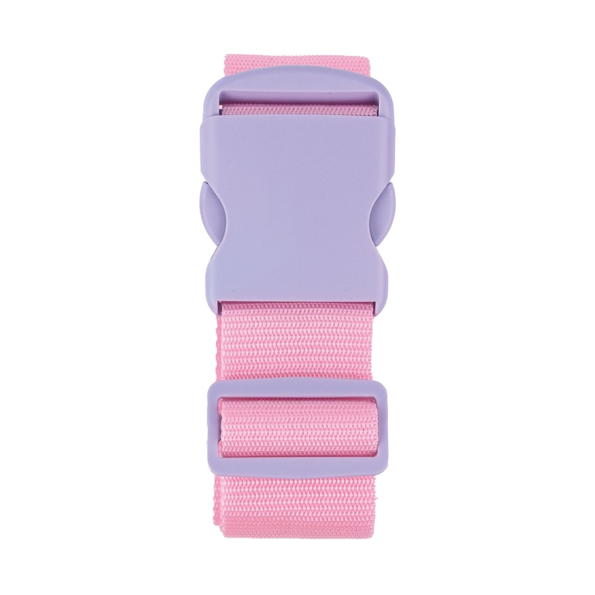 Pink luggage strap with gray latch and pink webbing, close-up on attachment.
