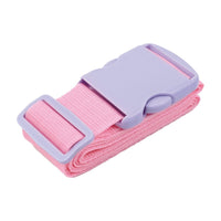 Pink luggage strap with gray plastic buckle and pink woven webbing, adjustable.
