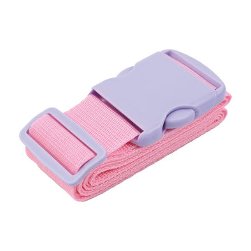 Pink luggage strap with gray plastic buckle and pink woven webbing, adjustable.