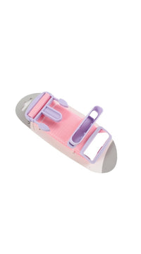 Pink luggage strap end with gray and rose plastic buckle, stitched loops visible.