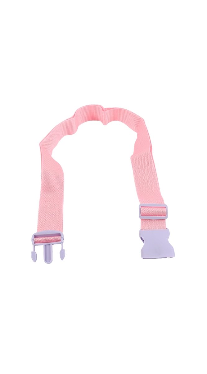 Pink luggage strap with two end clips and adjustable webbing, unfastened.