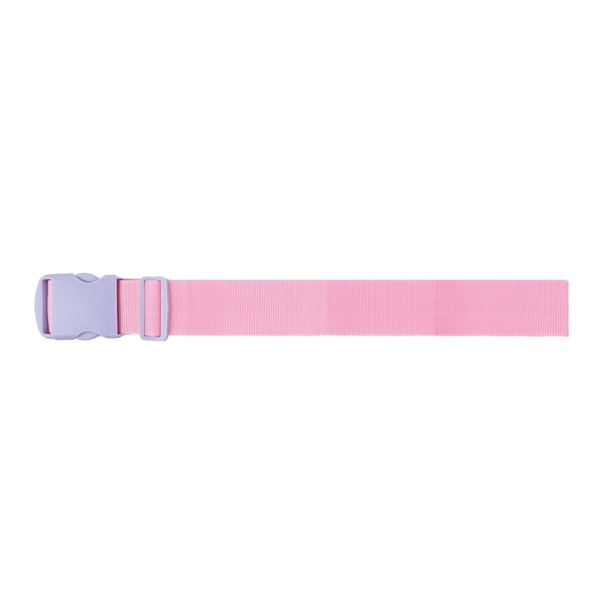 Pink luggage strap with gray buckle and single adjustable webbing section.