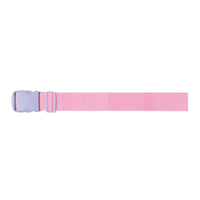 Pink luggage strap with gray buckle and single adjustable webbing section.