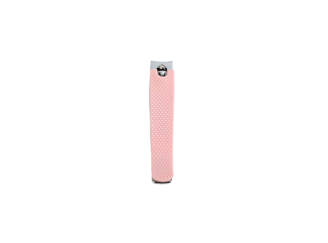 Pink nail clipper with textured grip and metal trimmer head