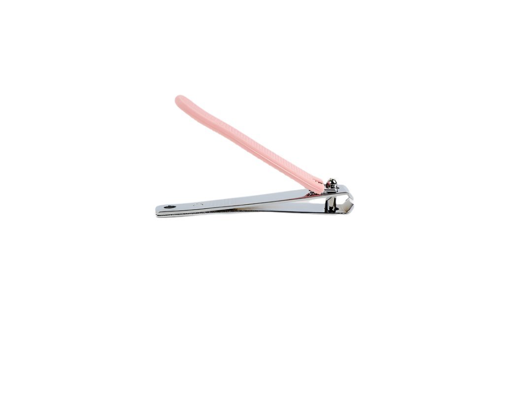 Pink nail clipper with long handle and silver cutting lever