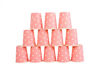 Pink polka dot paper cups, 12-pack, pyramid of cups display