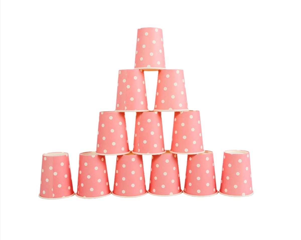 Pink polka dot paper cups, 12-pack, taller cup pyramid arrangement