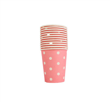 Pink polka dot paper cups, 12-pack, single stacked cup