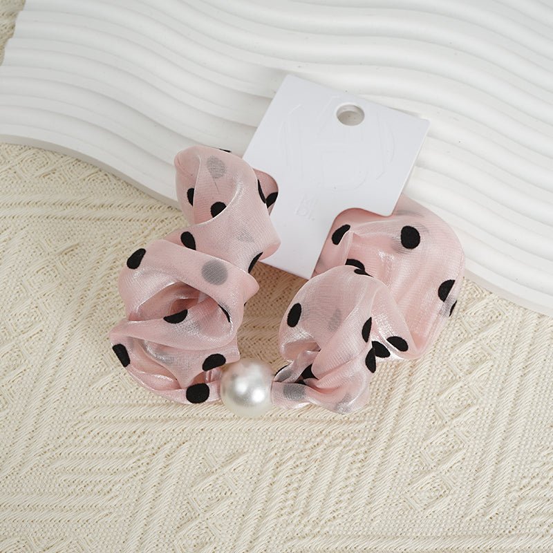 Pink Polka Dot Hair Scrunchie with Pearl Detail 4