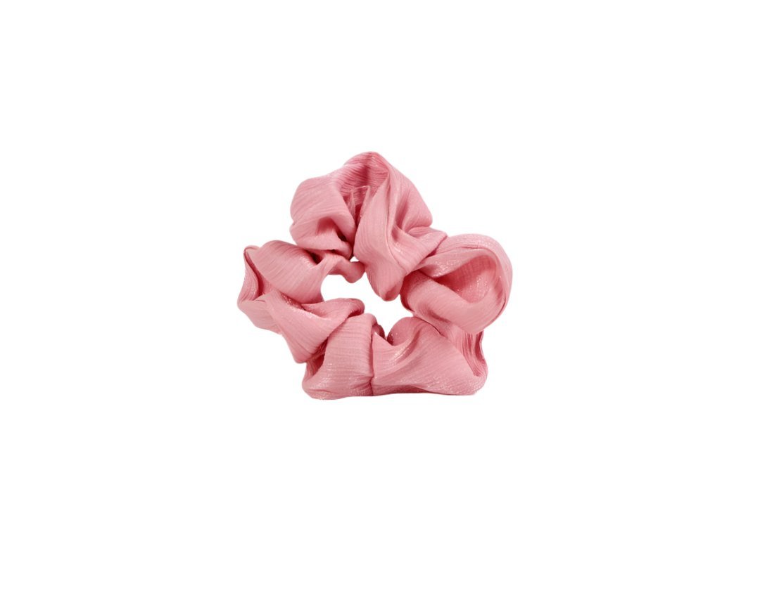 Pink hair scrunchie with ruffled woven texture and gathered center