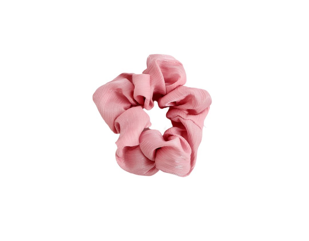 Pink woven textured hair scrunchie with gathered ruffle loops