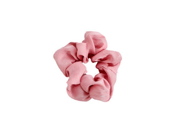 Pink woven textured hair scrunchie with gathered ruffle loops