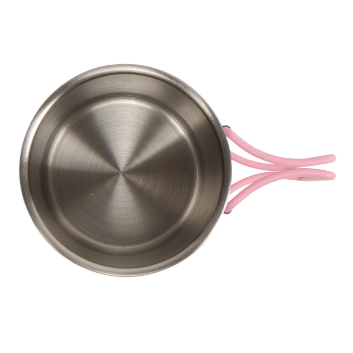 Stainless steel interior base of pink coffee mug with pink handle loops